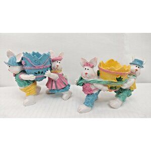 Pair Of Easter Bunnies Figurines K's Two Bunnies carrying Cracked Egg 5"X4"